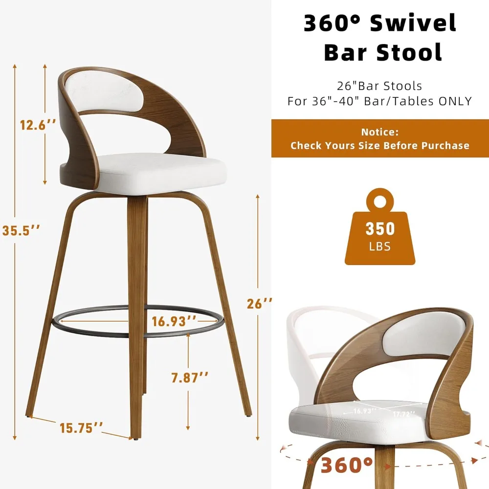 كراسي بار ذات ارتفاع دوار، كراسي بار من الجلد الصناعي مع مسند ظهر وأرجل خشبية صلبة ومسند للقدمين، عداد #2