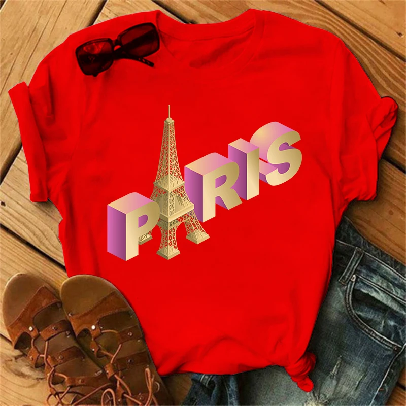 PARIS Letter Print Luxury Brand Washed T-shirt Tops Women Summer Loose Tees Basic Fashion Casual Cotton Streetwear Tops Femme