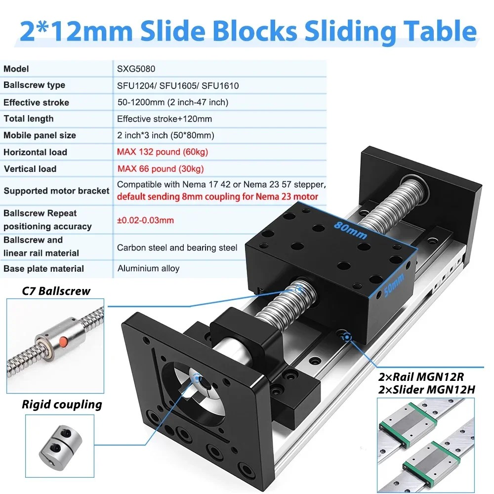 Kit de Accionamiento para Mesa Lineal Motorizada, Mesa Deslizante con Husillo de Bolas CNC SFU1605/SFU1610, Actuador Lineal para Eje XYZ, Máx. 80KG