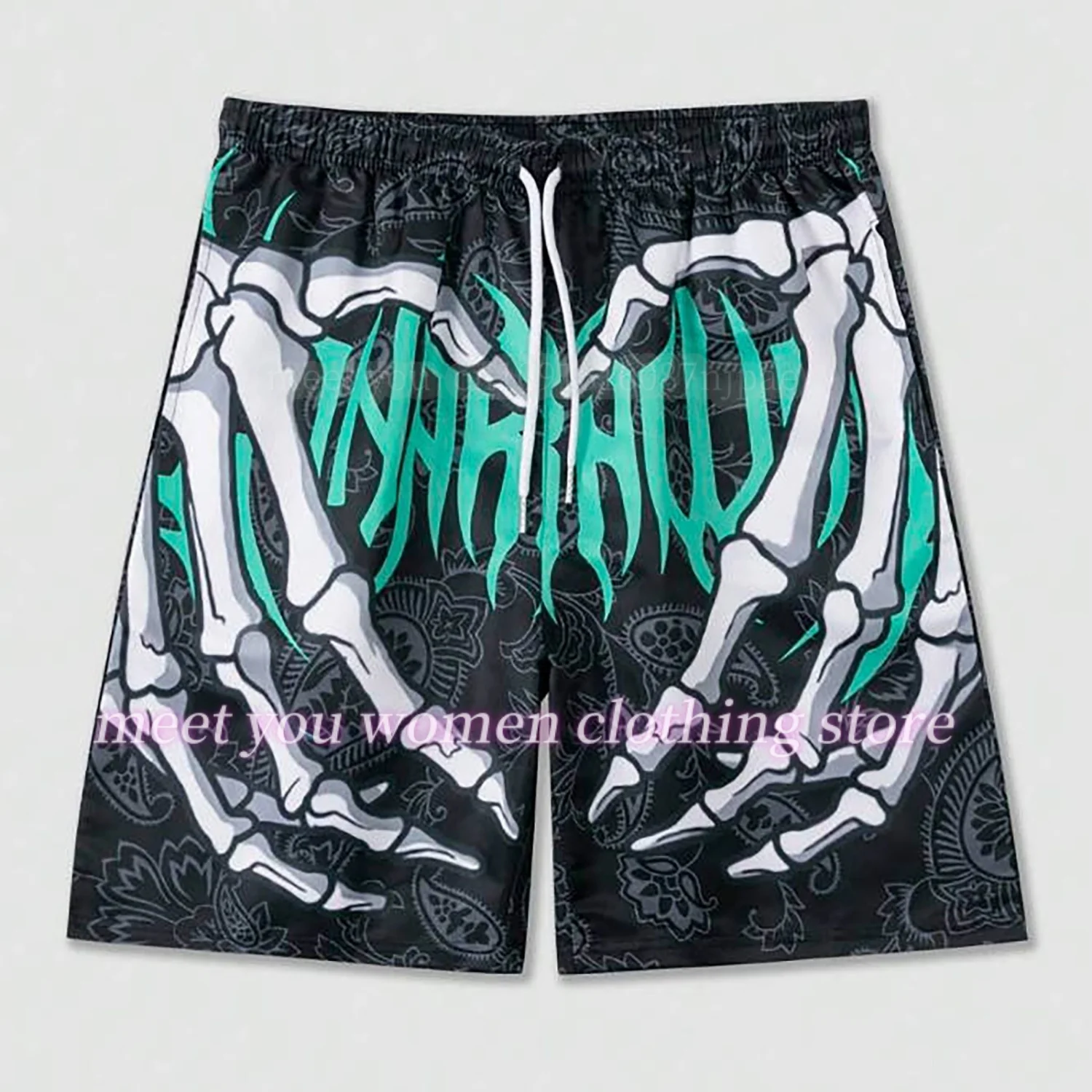 Women Summer Classic Skull Beach Short Pants New Fashion Skeleton Hand Print Men Women Gym Shorts Quick Drying Trunks  Shorts