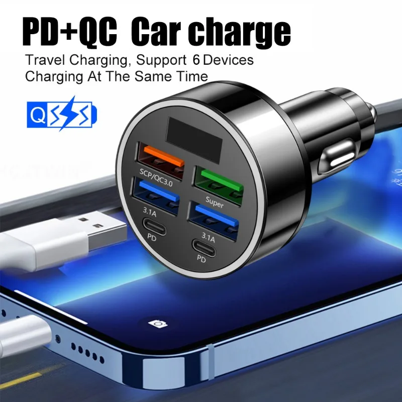 6 in 1 Digital Display Car Charger 4USB+2PD Support Super Fast Charging DC12-24V Multi Port Digital Display Mobile Phone Charger