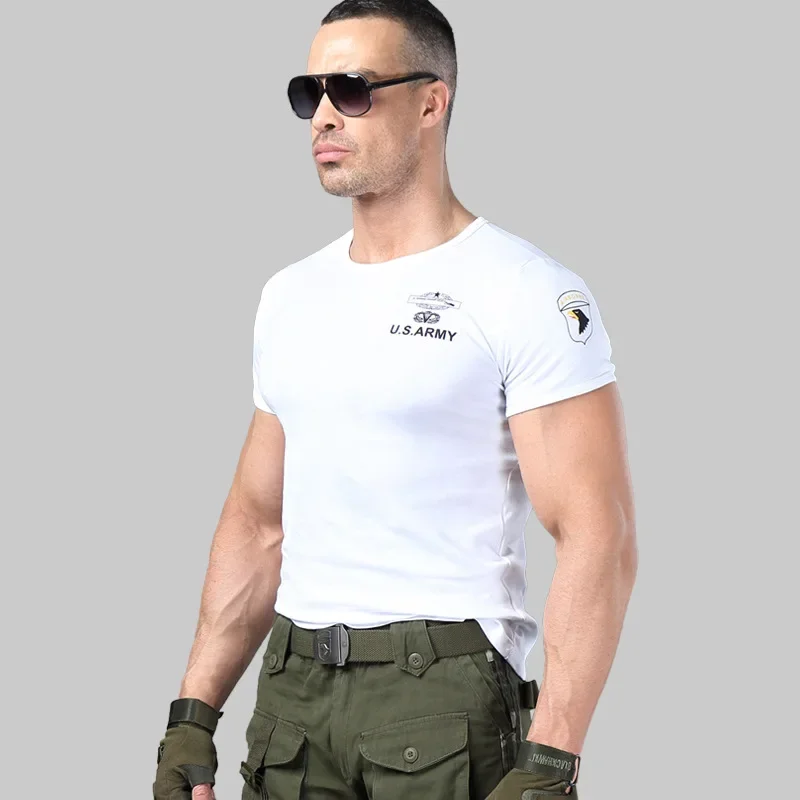 2024 Men\'s Army T Shirt Summer Military Cotton T-shirt Body Sculpting Short Sleeve High Elasticity Stretch Slim Fit Male Tshirt