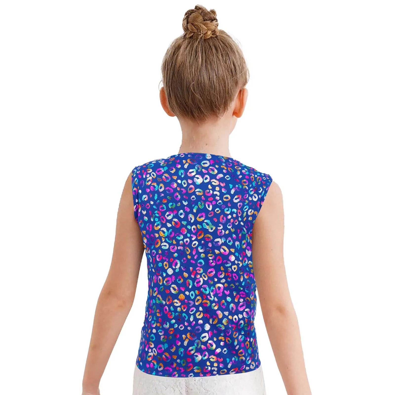 Kids Boys Girls Sleeveless Asymmetrical Hem Button Metallic Leopard Vest Dancewear Shining Sequins Waistcoat for Hip-hop Jazz