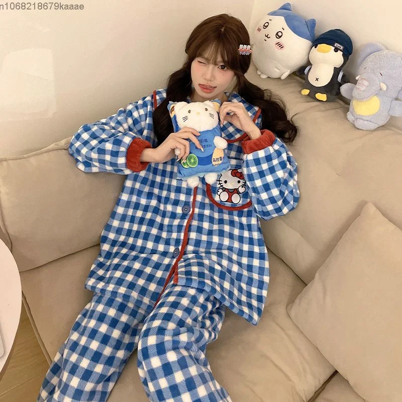 Sanrio Hello Kitty Autumn Winter Flannel Thick Warm Pajamas For Women Set Blue Checkered Fashion Sleepwear Casual Home Clothes