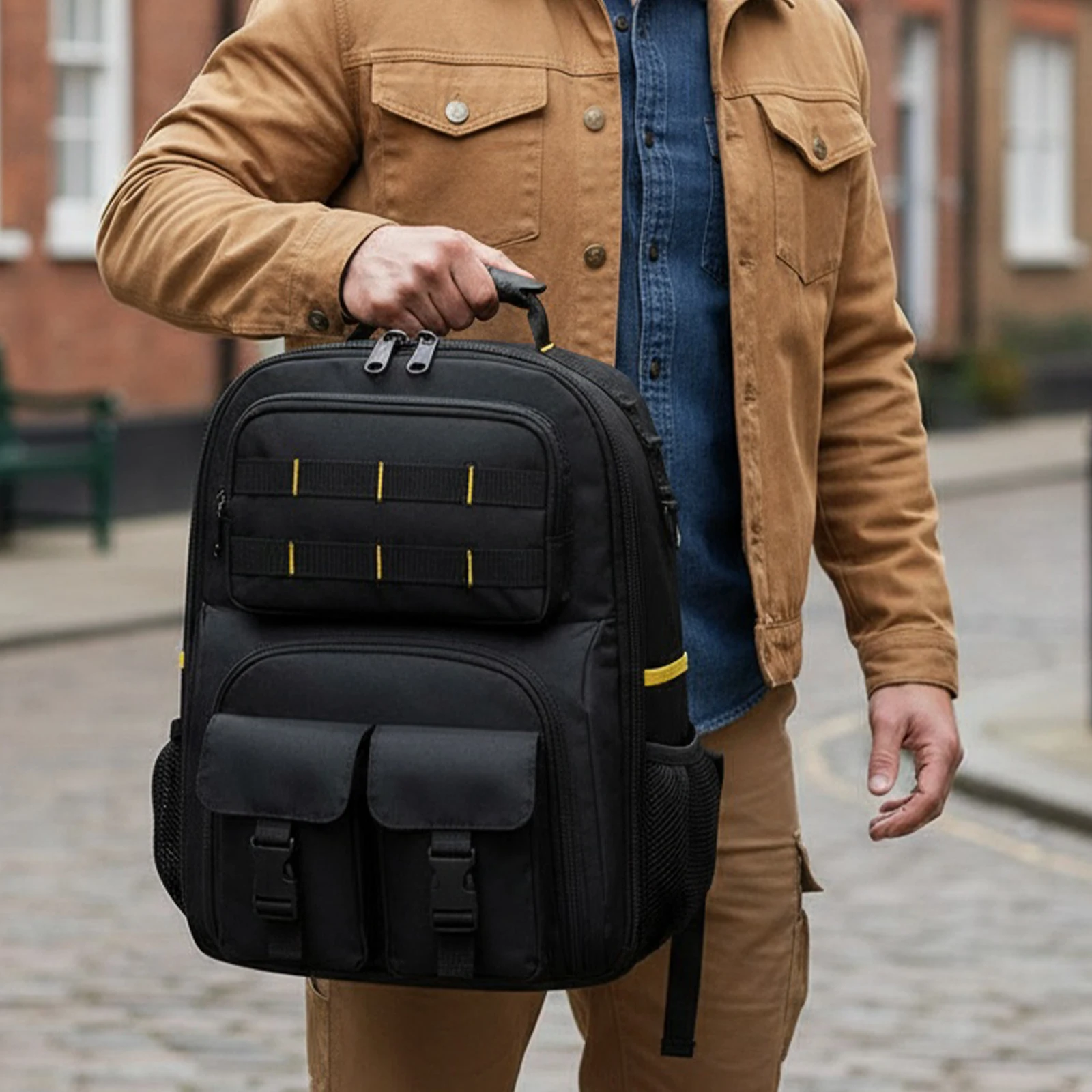 Heavy-Duty Electrician Backpack Multi-Compartment Storage Organizer (Yellow)