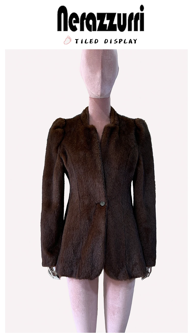 Nerazzurri Winter Short Brown Thick Warm Soft Fitted Faux Mink Fur Coat Women Single Button Elegant Luxury Chic Fluffy Jacket