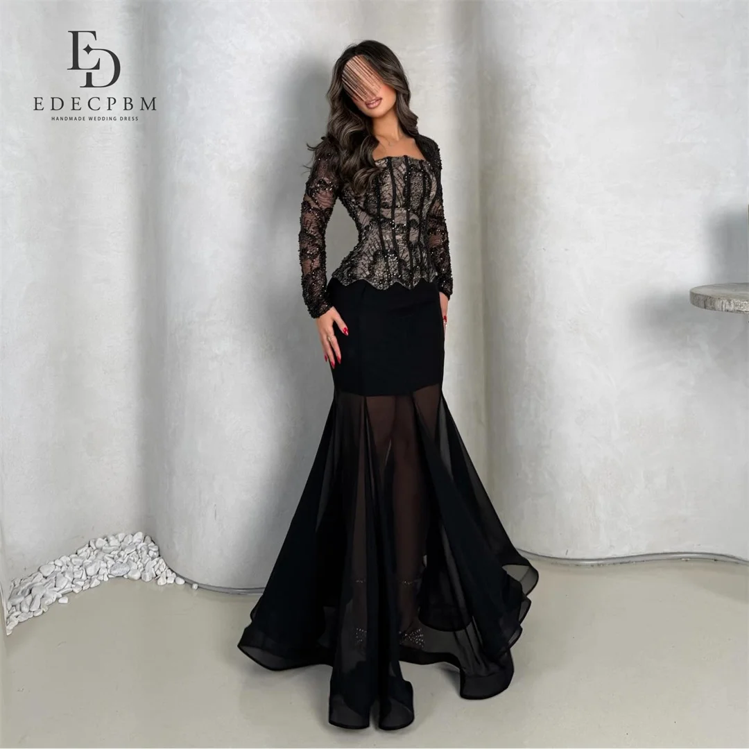 

EDECPBM Lace Square Collar Black Mermaid Evening Dress 2026 Prom Dress Elegant Formal Evening Customized Robes de Soirée