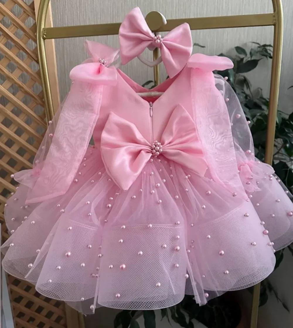 

Pink Puffy Tulle Knee-Length Baby Girl Fairy Dress with Big Bow