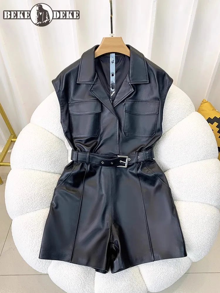 Damskie spodenki z owczej skóry z prawdziwej skóry bez rękawów z kołnierzykiem Casual Playsuits Streetwear wysokiej talii Cargo pajacyki