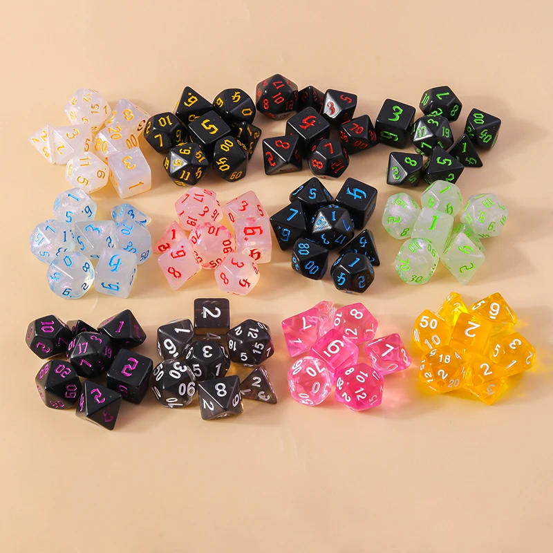 Leslie 7-teiliges Gemischtes Buntes Acryl-Würfelset Mehrseitige Digitalwürfel für Spielrequisiten Tragbare Spielzeuge DND RPG TRPG Spiele – Detail 11