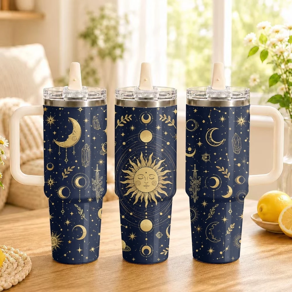 Tarot Cards Sun Star Moon Vacuum Flasks 40oz Thermal Tumbler Handle Stainless Steel Insulated Water Portable Mug Cup