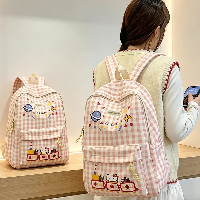 

New Hello Kittys Backpack Cute Sweet Schoolbag Fresh Grid Large Capacity Cartoon Go Out Bags for Woman Travel Schoolbag