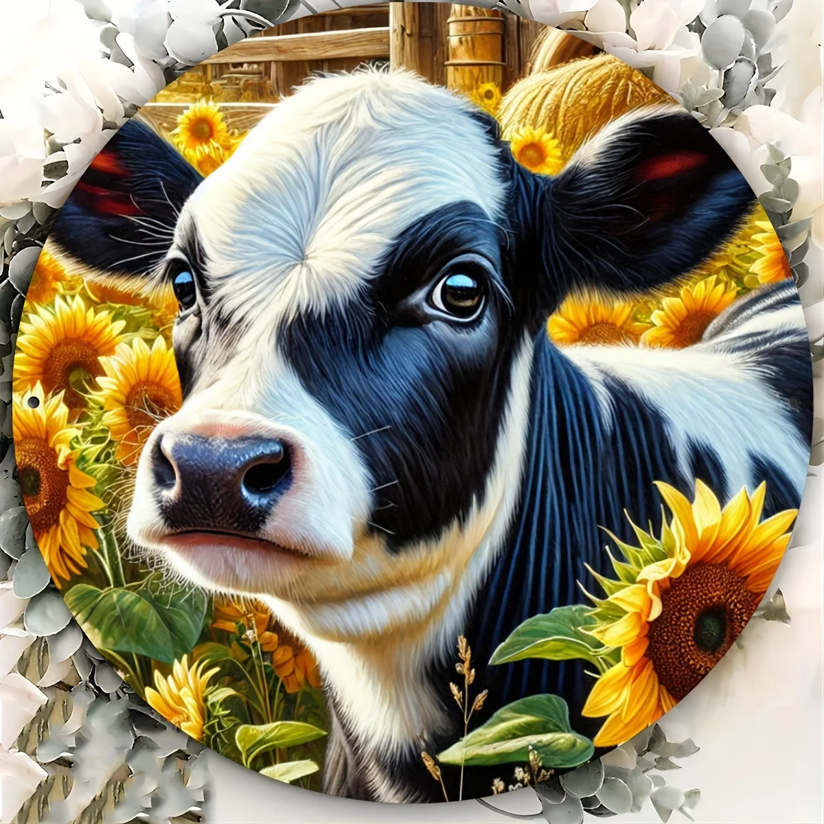 Black & White Cow & Sunflower Metal Wall Sign - Farmhouse Rustic Decor with White Face Cow, Brown & Golden Sunflowers - Durable