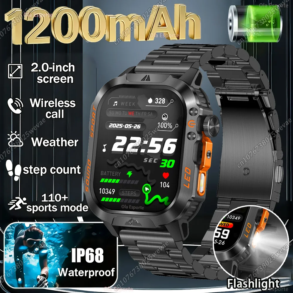 

New 1200mAh Military Outdoor Smartwatch Men LED Flashlight Waterproof GPS Track Sports Watch 2.01-inch BT Call Smart Watch HT30