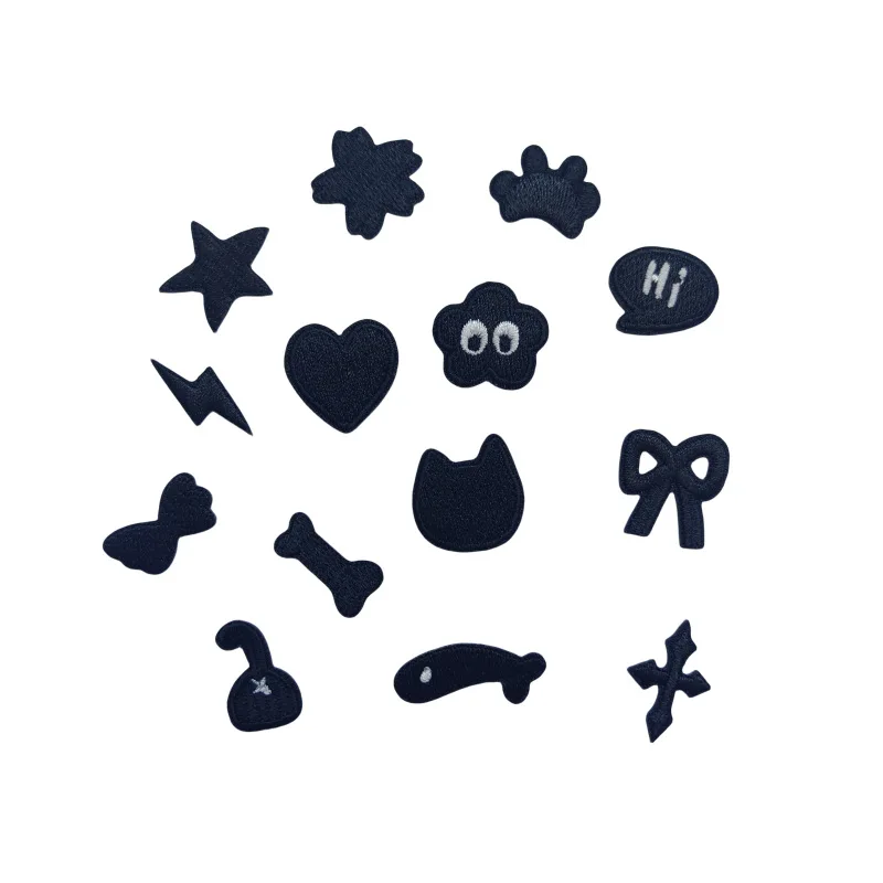 Mini Black Kawaii Iron‑On & Self‑Adhesive Embroidery Patches Cat Heart Star Bow Applique Repair Patch for Clothing Shirt Bag Hat