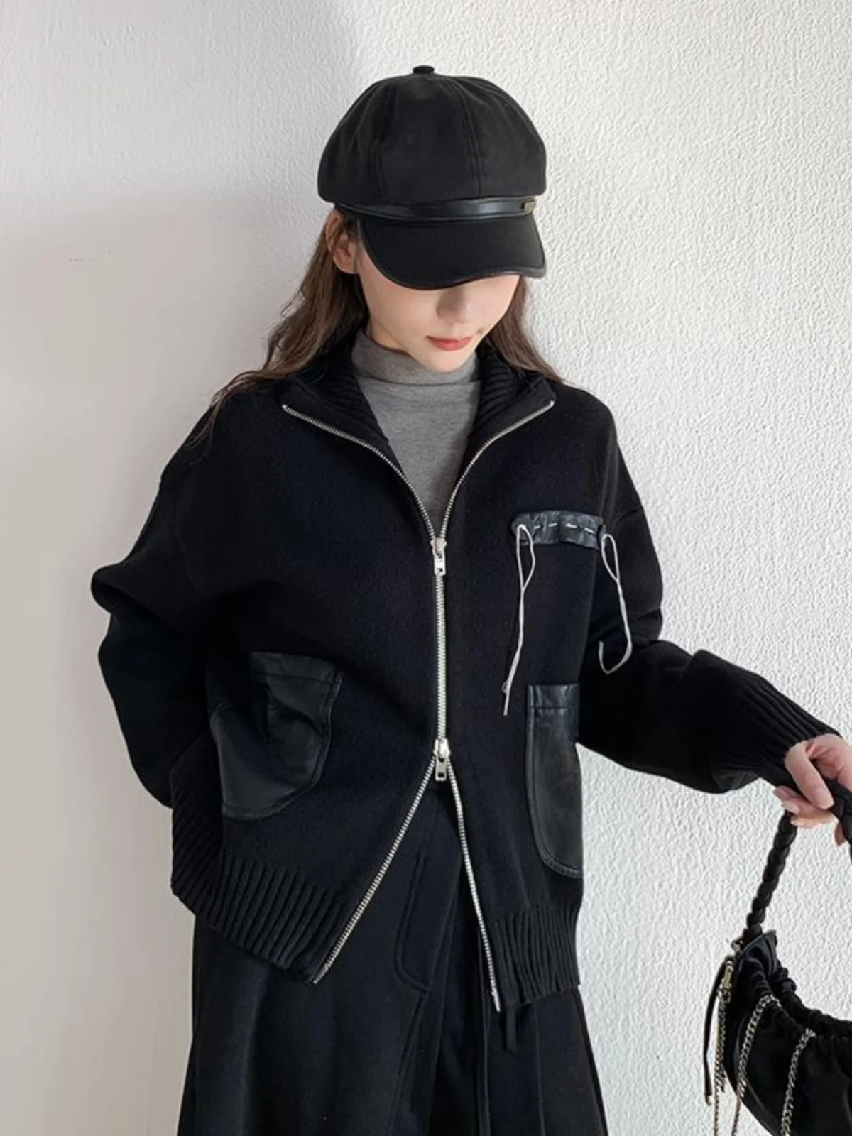 

Свободный крой Thiened Вязаный свитер с воротником-стойкой в стиле пэчворк из кожи с двойной молнией Дизайн Sle Корейская мода Осень Wi...