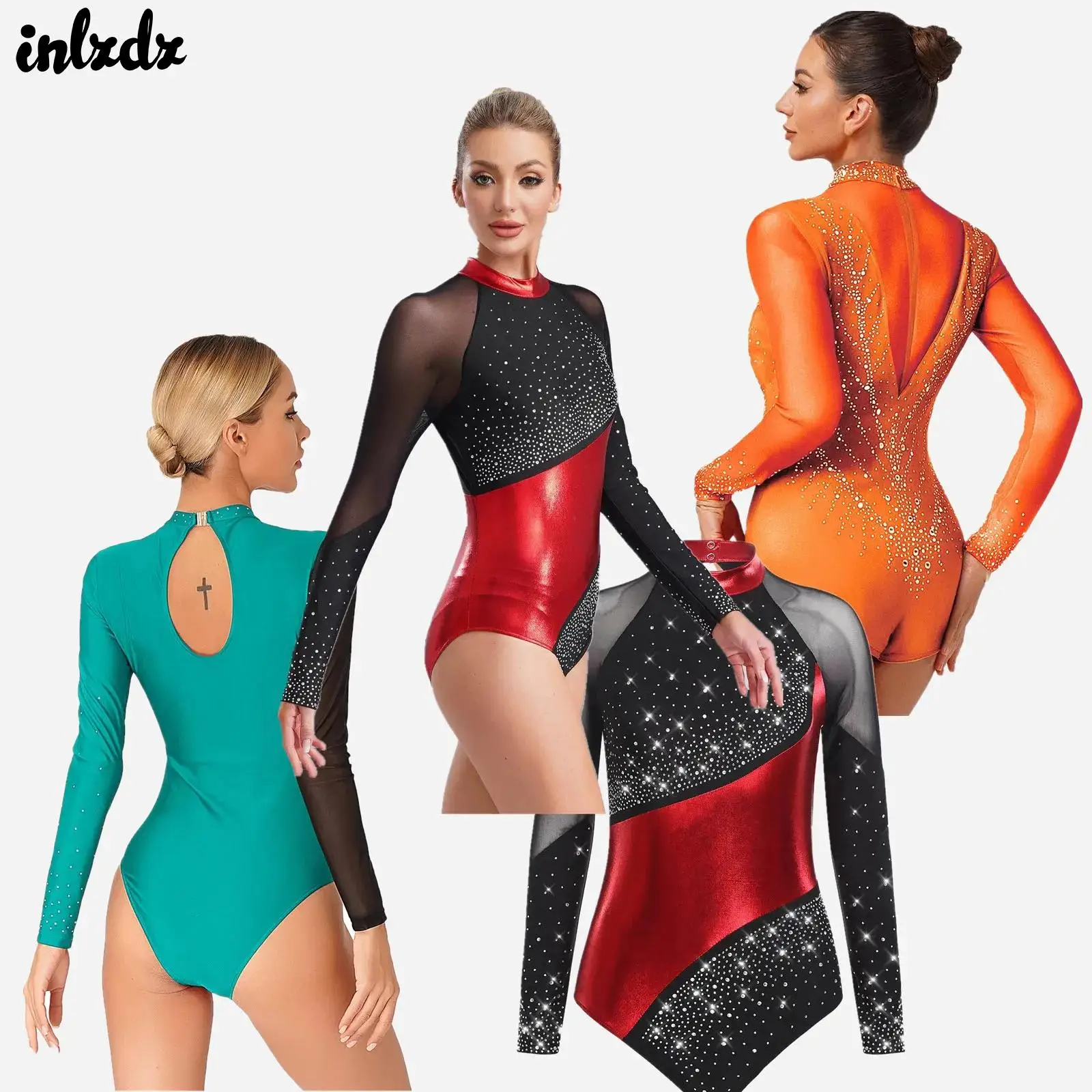 

Women Gymnastics Artistic Figure Skating Ballet Jersey Costume Sparkly Rhinestone Leotards Jumpsuit Dance Performance Outfits