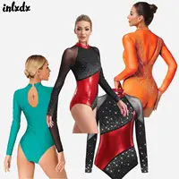 Traje de Jersey de Ballet para patinaje artístico y gimnasia para mujer, mono de leotardos con diamantes de imitación brillantes, trajes de actuación de baile