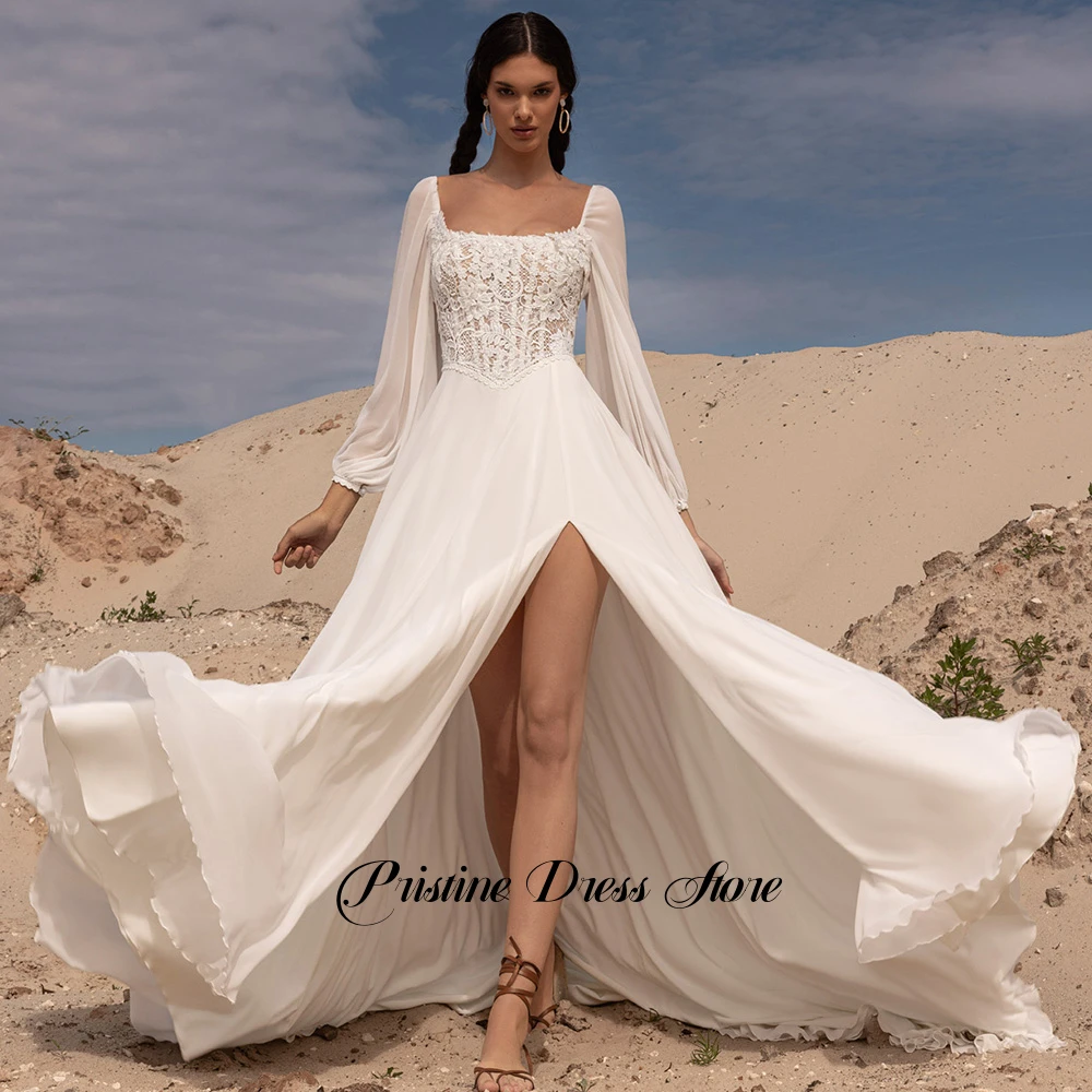 Bohemian Beach Wedding Dress Customized Women Appliques Lace Square Neckline Long Sleeves Side Slit Chiffon Civil Bridal Gowns