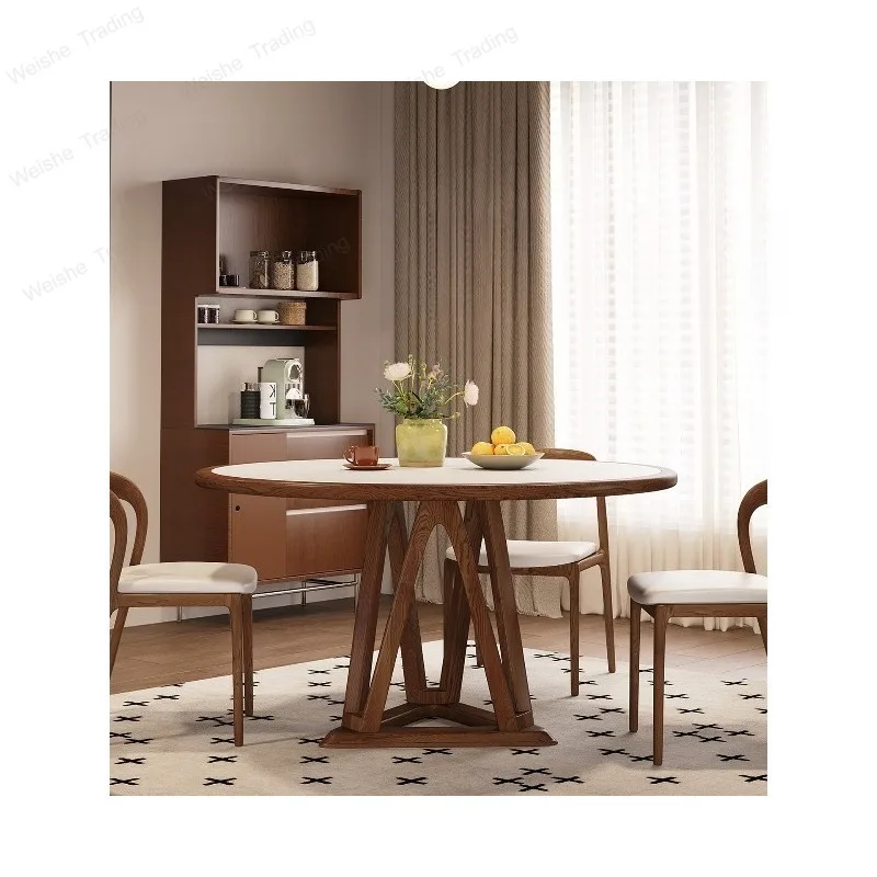 

Chinese-style medieval solid wood rock slab dining table retro-style round table with turntable round dining table small