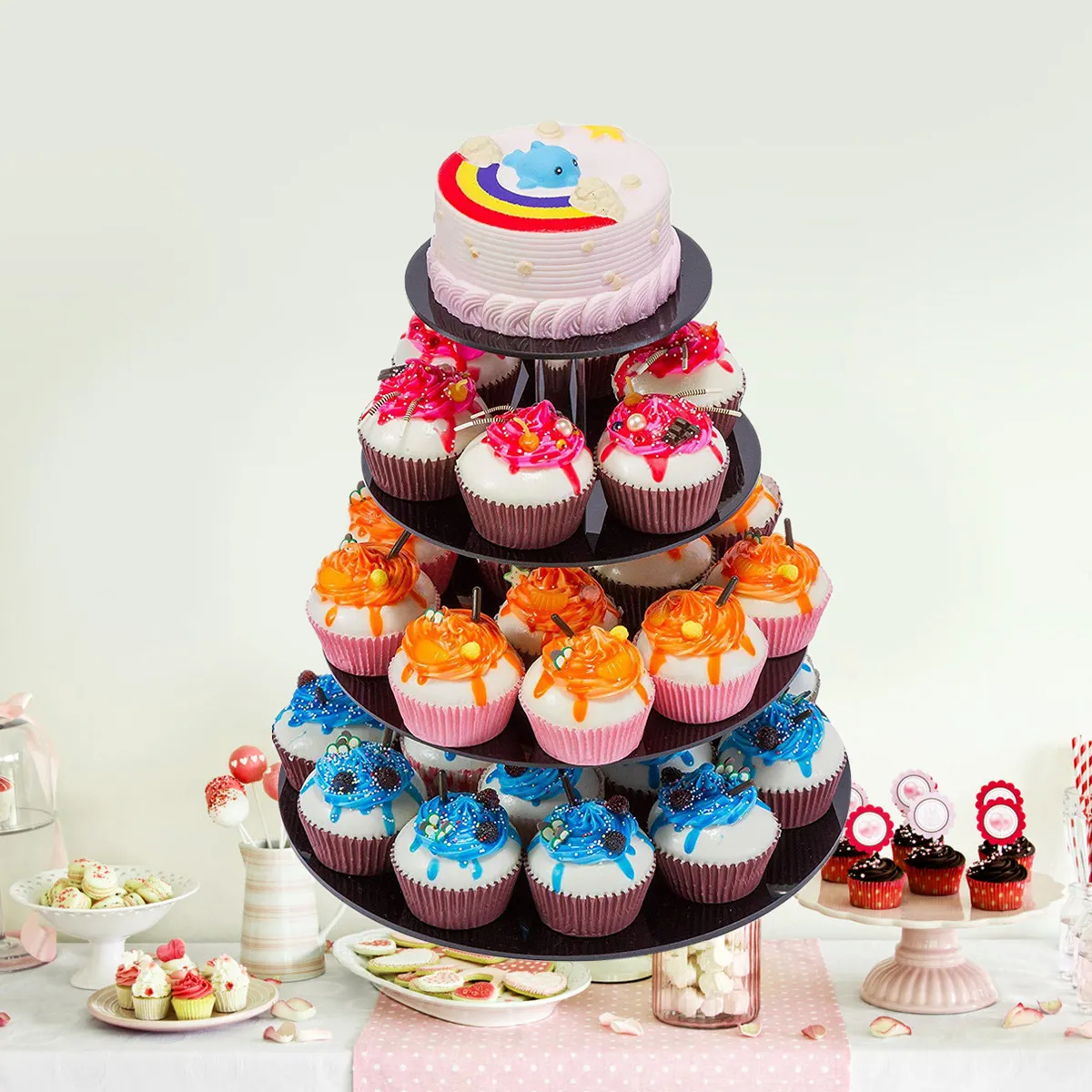 

Clear Round Acrylic 4 Layers Cake Stand Stackable Detachable Cupcake Holder Shelf Birthday Wedding Party Dessert Display