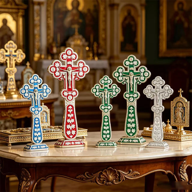 Multicolor Enamel Orthodox Standing Cross with Jesus Crucifix for Church Altar Tabletop Decoration and Blessing Ceremony