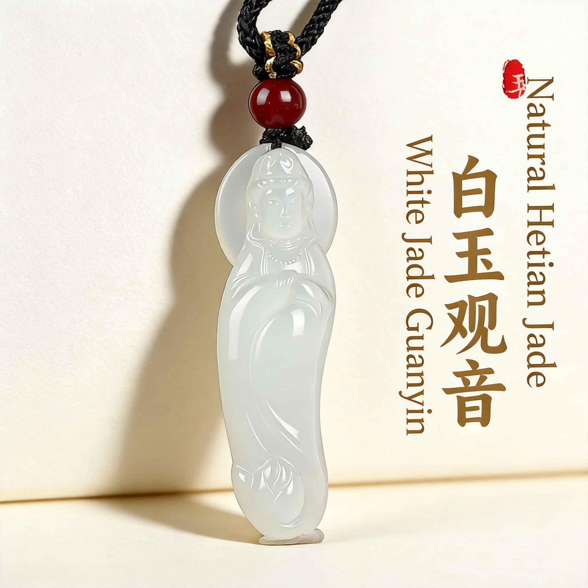 Chinese Style Feng Shui Natural White Hetian Jade 3d Carved Guanyin Pendant Necklace For Men Lucky Blessing Peace Protection Amu