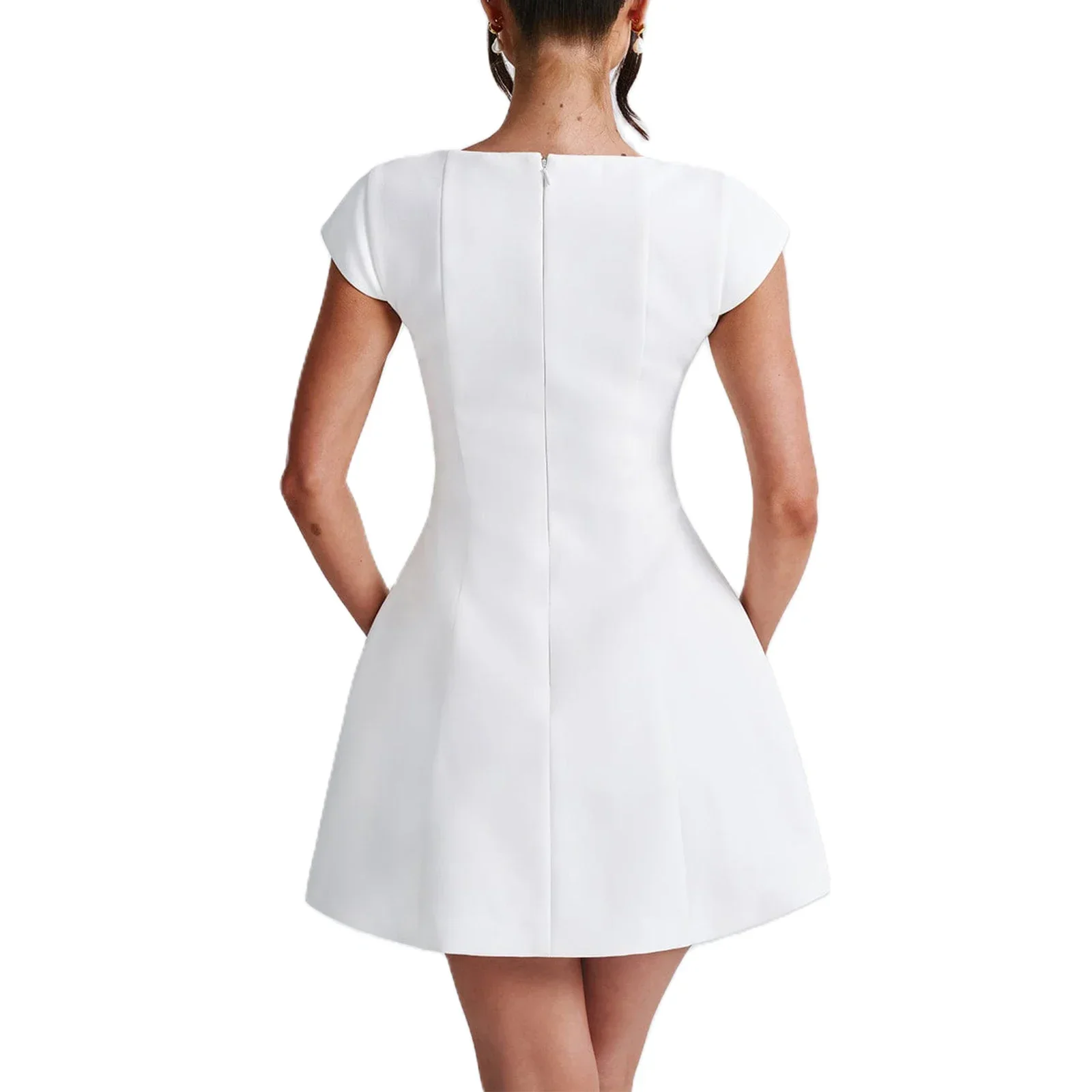 Women's Cap Sleeves Mini Dress Fashion Solid Color Square Neck Slim A-Line Dress with Pockets image 6