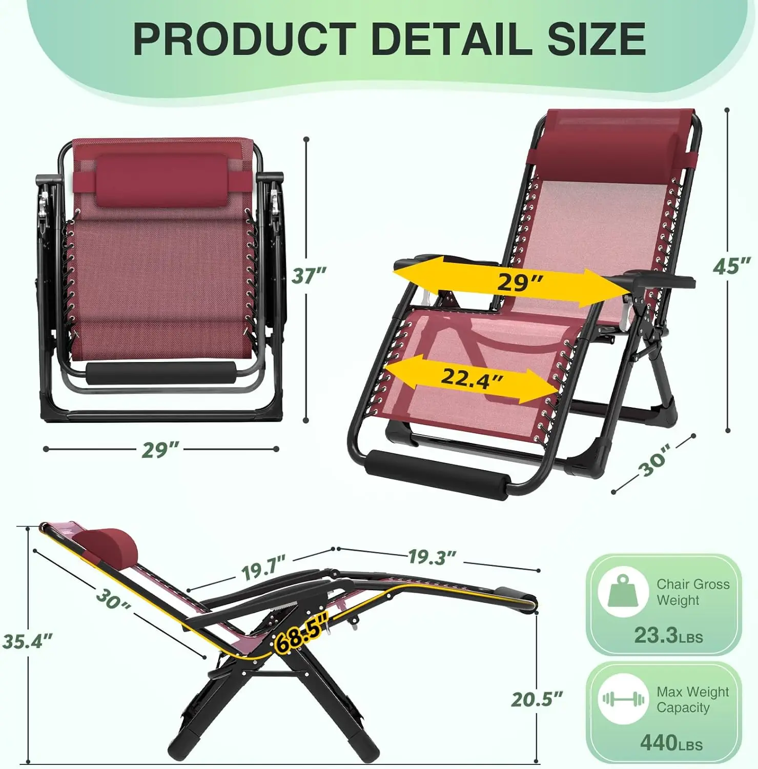 كرسي صالة كبير الحجم بدون جاذبية، كرسي صالة مقاس 29 بوصة مع وسادة ومسند للرأس قابل للإزالة، كرسي تخييم مستلق مع قفل مطور #2