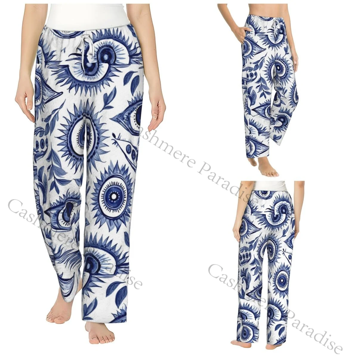 

Blue White Eye Women Sleep Pants Warm Flannel Lounge Pants for Winter Nights