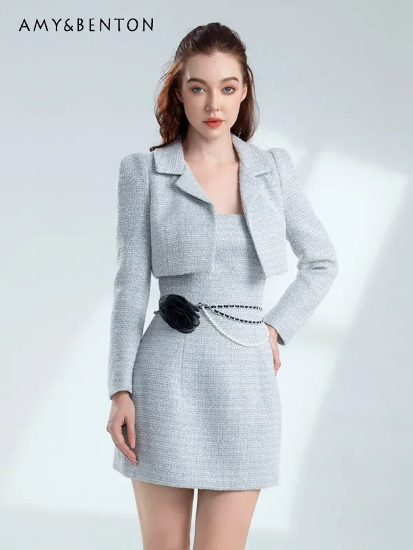 

High-end Socialite Dress Sets Spring Autumn New Heavy Industry Temperament Strapless Slim Mini Dress Short Coat Two-piece Set