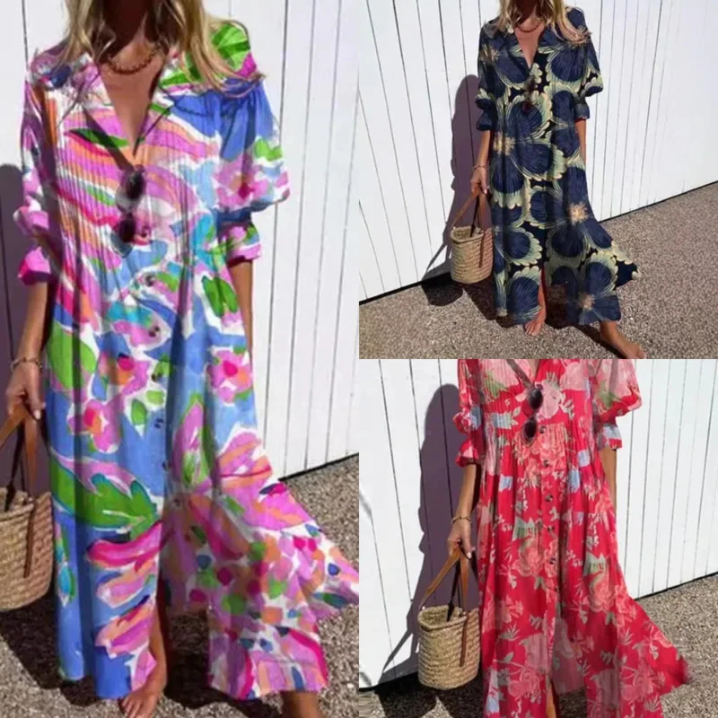 

3D Floral Tie Dye Dress Bohemian Women 2024 Europea America Floral Print Color Dress Loose Print Extended Shirt A-line Dress New