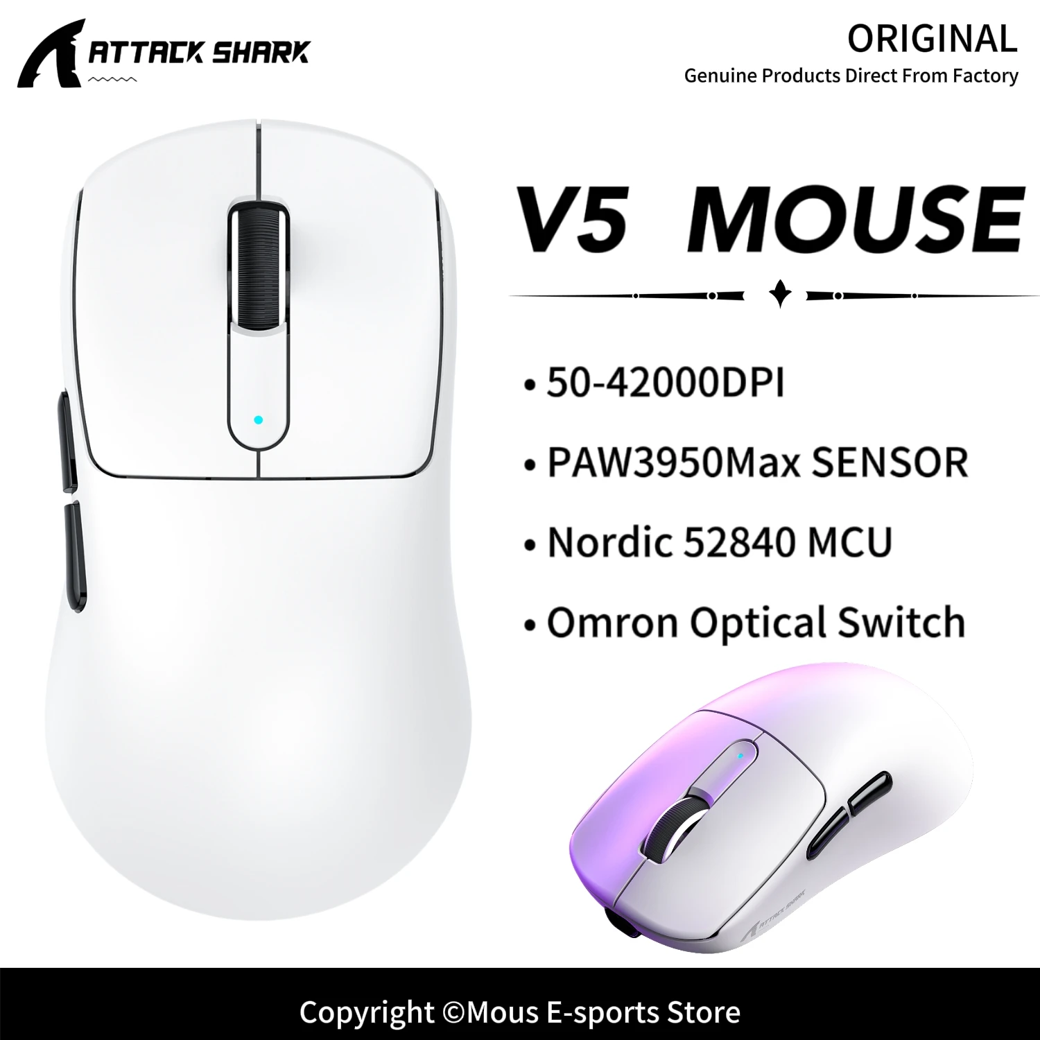 V5 ATTACK SHARK 8KHz Esports Mouse PAW3950MAX Sensor 42000DPI 750IPS 50G 500mAh Battery Nano Cooling Coating Web Driver Mouse