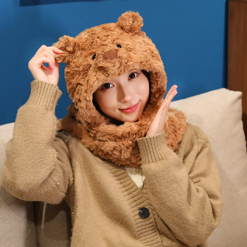 곰 돼지 스카프 모자 부드러운 플러시 귀여운 동물 핑크 돼지 브라운 베어 따뜻한 헤드웨어 모자 겨울 선물 소녀 소년 어린이 성인용