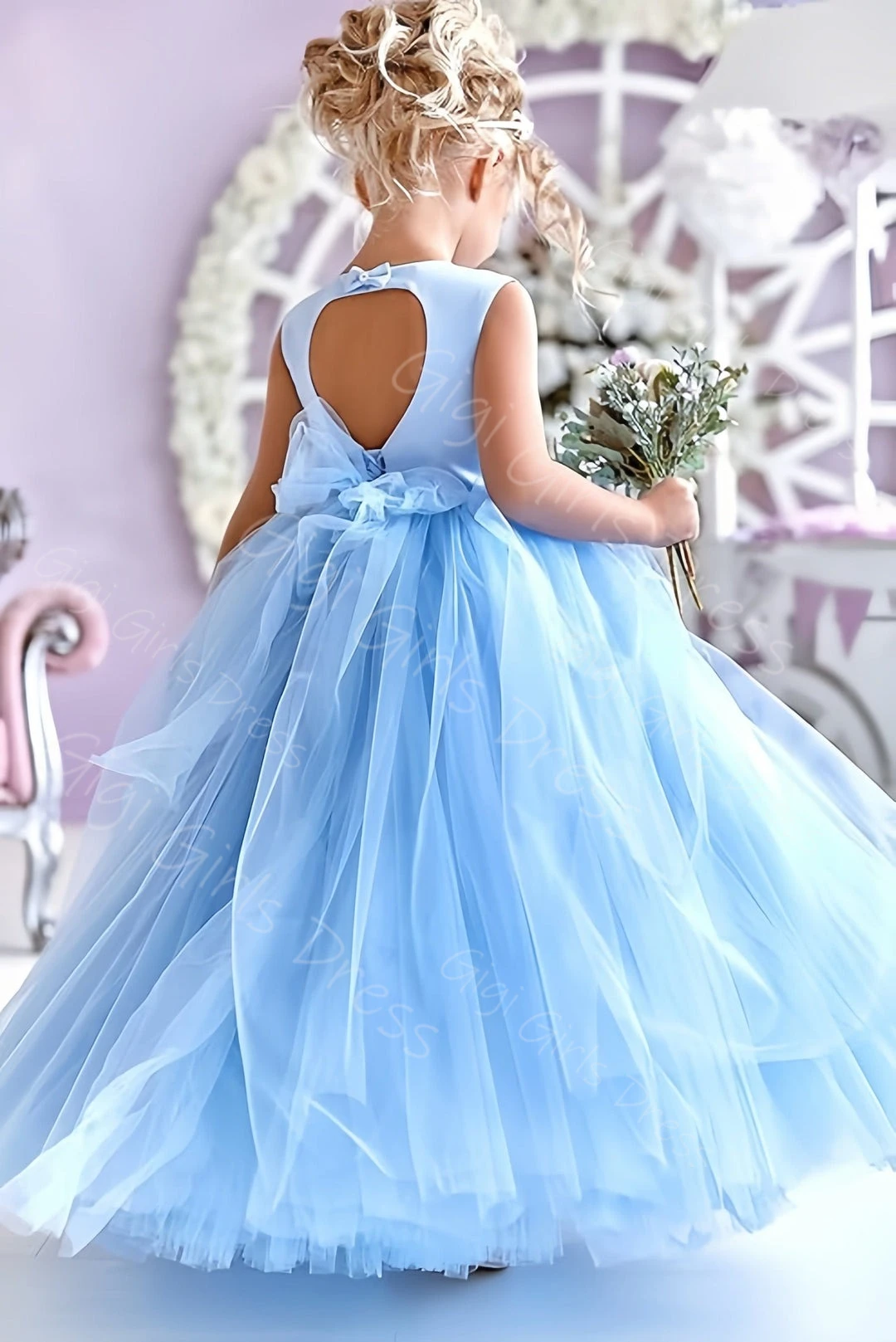 Vestido de princesa para niña con flores para boda, cuello redondo, abertura en la espalda, vestido de primera comunión, vestido de fiesta de cumpleaños de tul personalizado