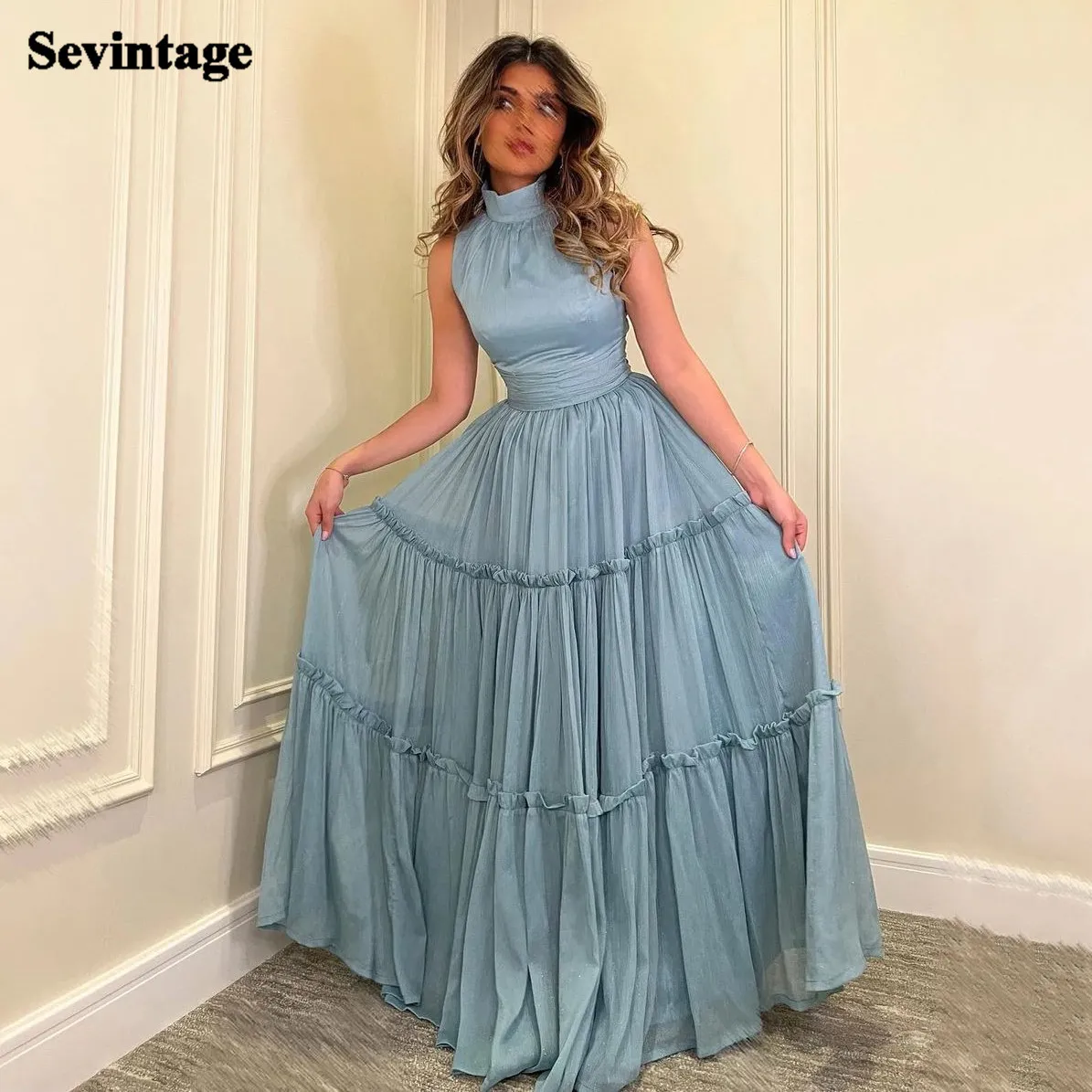 

Sevintage Gray Blue Chiffon Prom Dresses Saudi Arabic High Neck Pleats Formal Party Special Women Gowns Dubai Evening Dress 2023