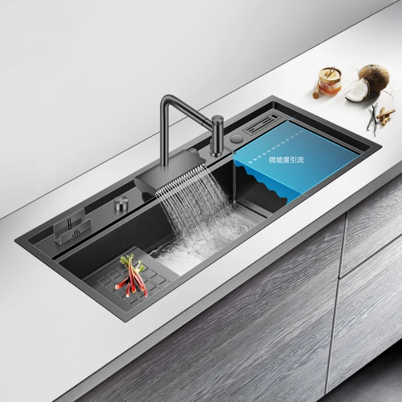 

Feiyu waterfall faucet kitchen sink with large single slot and oversized stepped vegetable washing basin