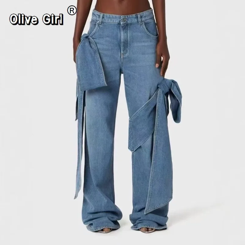 Olivegirl lente denim broek hoge taille riemen volledige lengte blauwe jeans tij high street style damesbroek zomerkleding