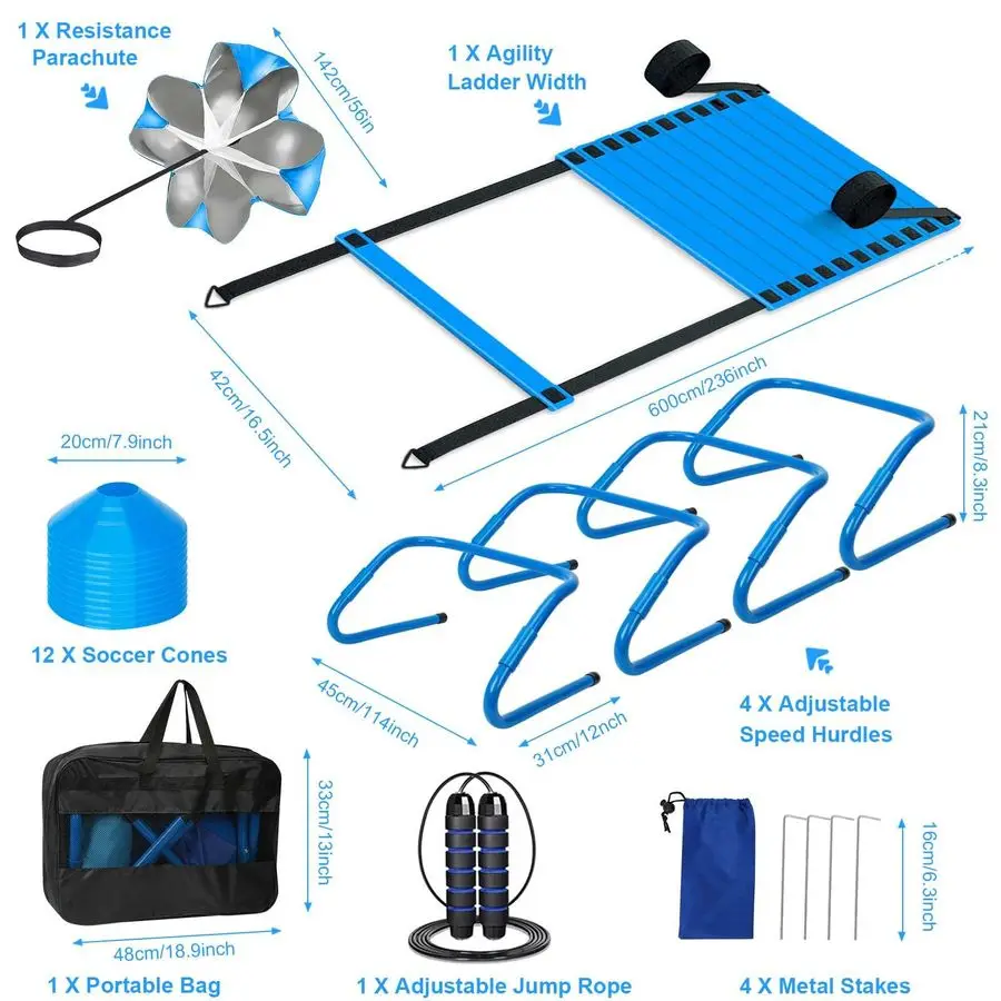 سلم، مجموعة معدات تدريب كرة القدم، 4 حواجز خفة الحركة، سلم سرعة 20 قدم، مظلة للجري، 12 مخروطًا لكرة القدم، حبل القفز Soc