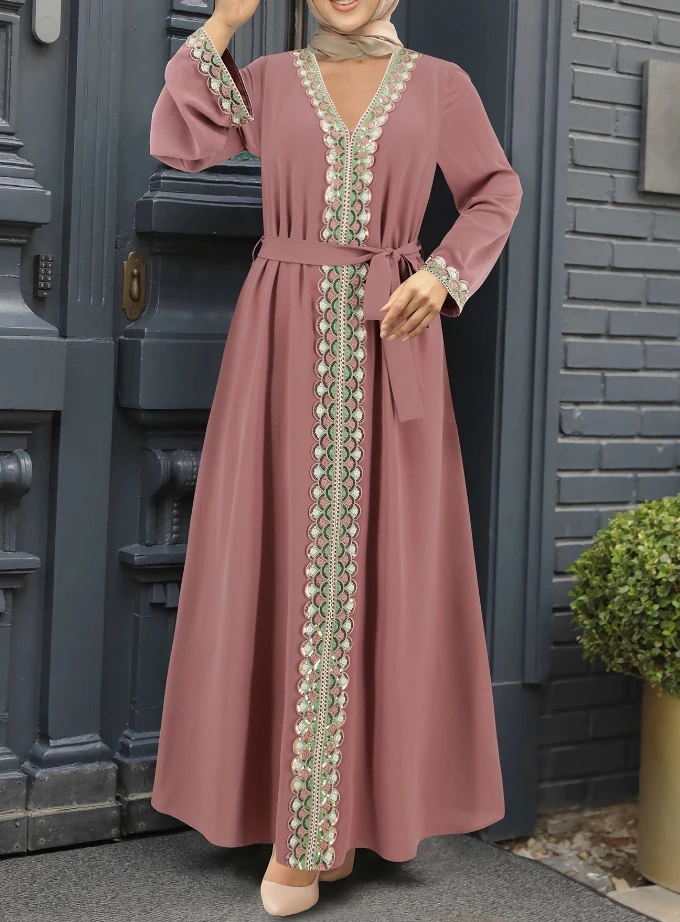 

Elegant Long Dress with V-Neck Lace Trim, Contrasting Color Tie, Waist Cinching Slim Fit, Loose Skirt Fashionable Casual Dress