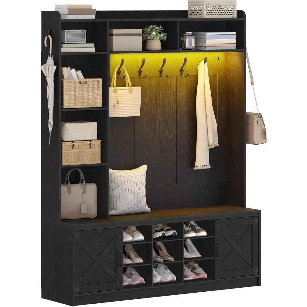 

59.8" hall tree, led farmhouse entryway storage and coat rack wood, entryway furniture with 7 hooks, hall tree with bench and st