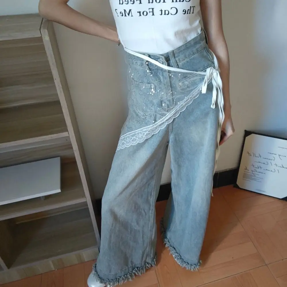 Rok Mini renda gaya Korea modis rok setengah payet kasa segitiga gaun ikat pinggang tipis sabuk Jeans gadis pedas