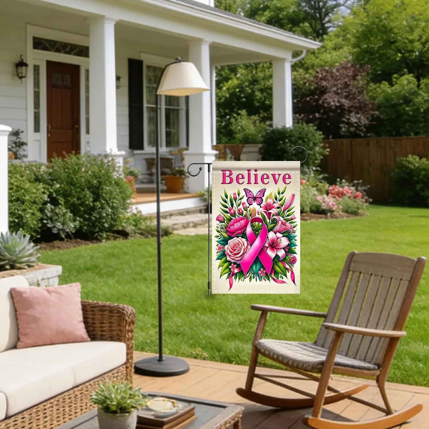 Breast Cancer Section Garden Flag Believe Floral Design - Polyester, 12x18 Inches Breast cancer section garden flags for out MMZ