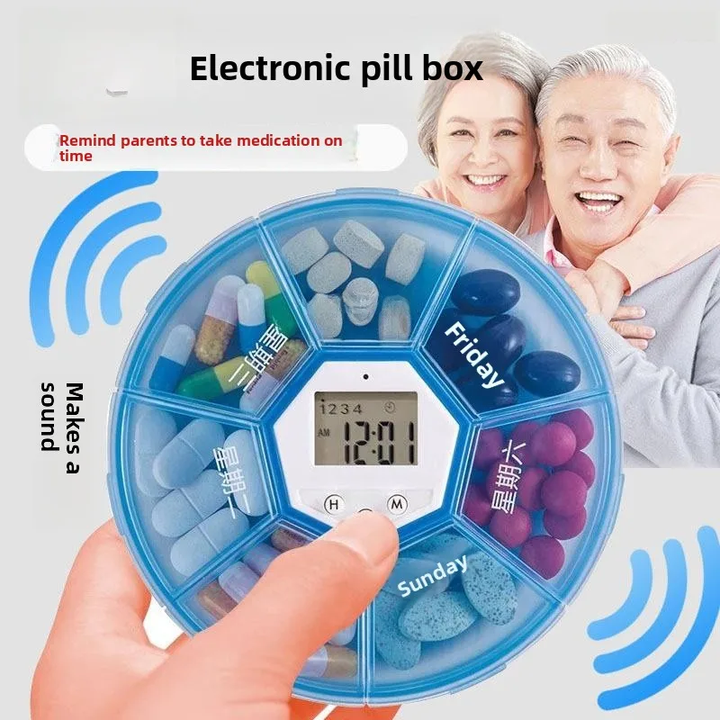 

Smart Electronic Medicine Box Timed Alarm Clock Voice Reminder Sealed Compartment Organizer for Elderly Weekly Dose Splitter