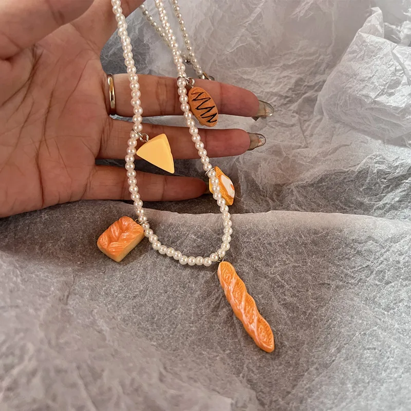 Creative Stick Bread Cheese Colorful Beads Choker Necklace for Women Cute Fun Aesthetic Accessories 2023 Trending Jewelry Gift