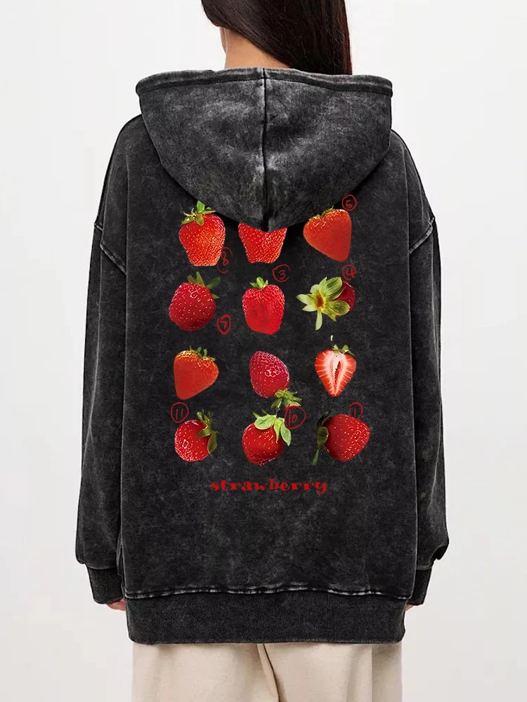 Street Womens Washed Hoodie Cute Fresh Strawberries Print Sweatshirt Retro Oversize Cotton Pullovers Casual Couple Streetwear