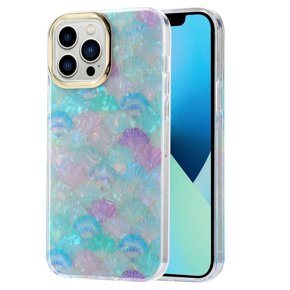 Colorful Mermaid Scales Phone Case For iPhone 16 15 14 13 11 12 Pro Max Pretty Sea Conch Texture Marble Hard Capa