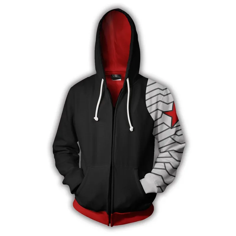 Winter Soldier Bucky Cosplay Kapuzenpullover mit Reißverschluss, 3D-Druck, Kapuzen-Sweatshirt, Unisex, Superheldenkostüm, Streetwear – Detail 3