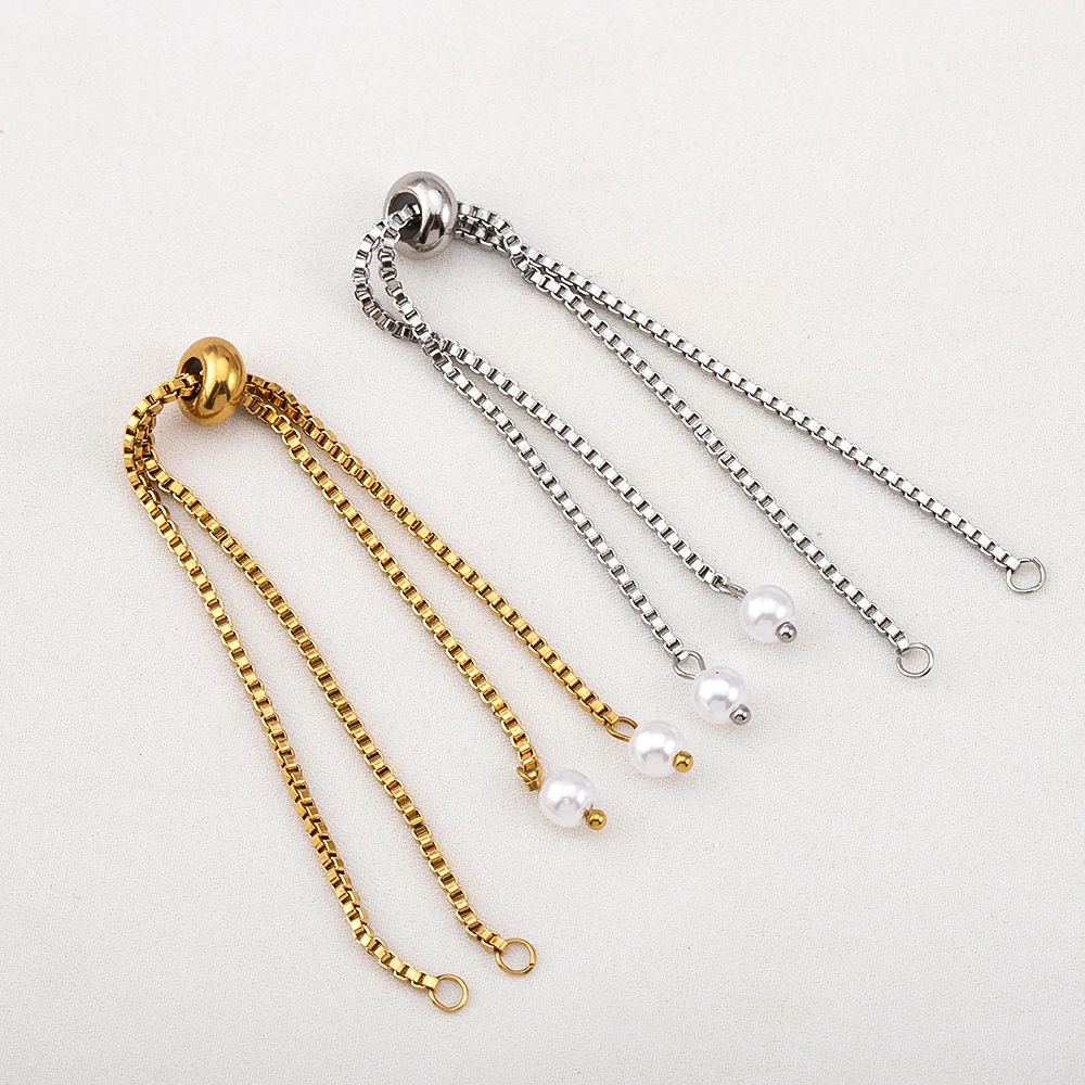 Stainless Steel Pull-Out Pearl Extension Chain Adjustable Slider Bracelet Snake Chains for DIY Jewelry Making Connector Findings