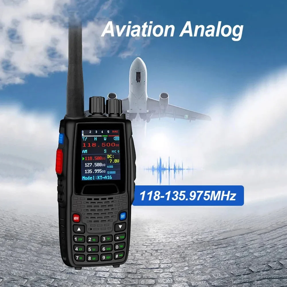 วิทยุสื่อสาร A40I Air Band แบบ VHF รุ่น KT-A16 คลื่นความถี่ส่งออก 108-136.999MHz คลื่นความถี่รับ 108.0000-136.999MHz กำลังส่ง 6 วัตต์ 200 ช่องสัญญาณ พร้อมระบบพยากรณ์อากาศ NOAA 10 ช่อง
